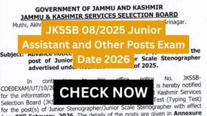 JKSSB 08/2025 Junior Assistant and Other Posts Exam Date 2026